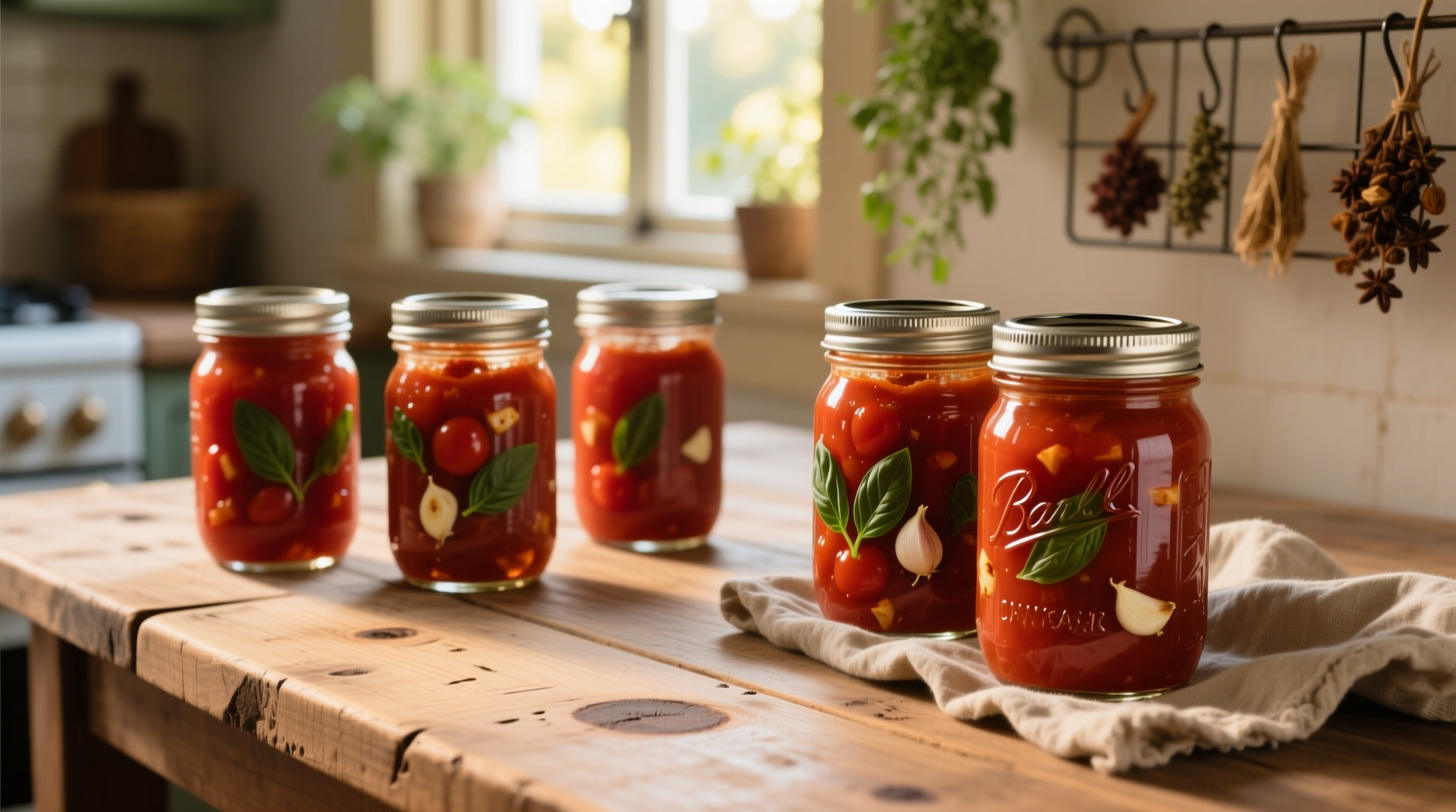 Homemade canned tomato sauce in mason jars on wooden table