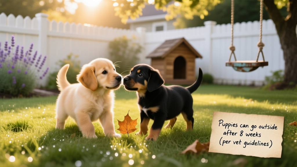 Two small puppies playing gently on soft grass in a fenced backyard
