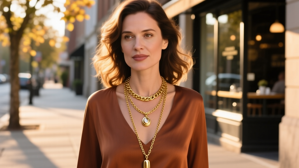 Woman wearing three layered gold-toned necklaces of varying lengths, golden hour lighting, candid street style fashion portrait.