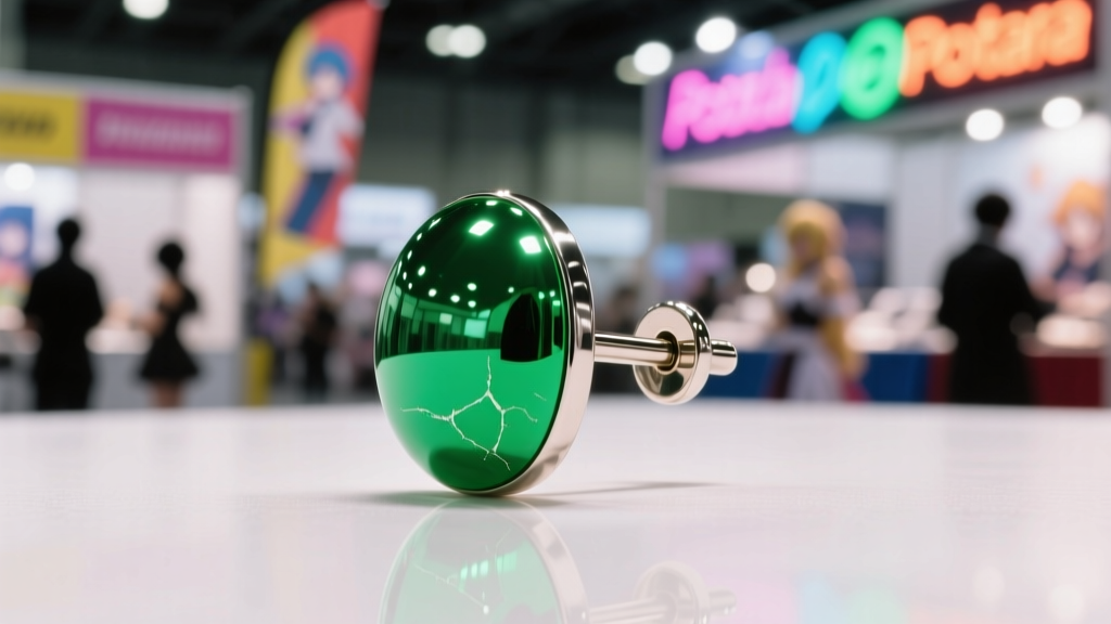 Macro shot of a titanium post on a green Potara earring, showing a mirror finish against a blurred anime convention background.