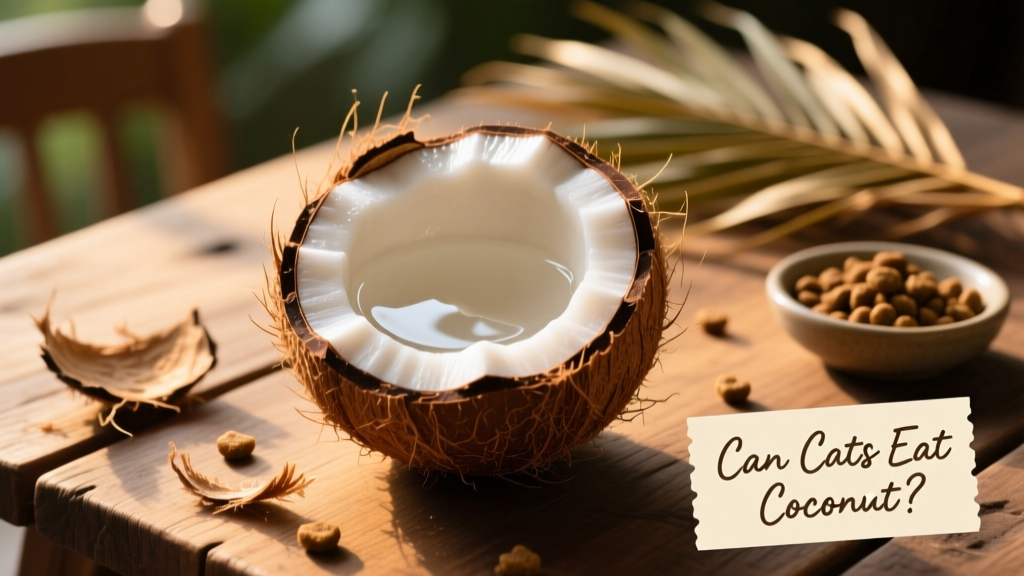 Fresh coconut with husk partially removed, showing white meat and clear liquid inside