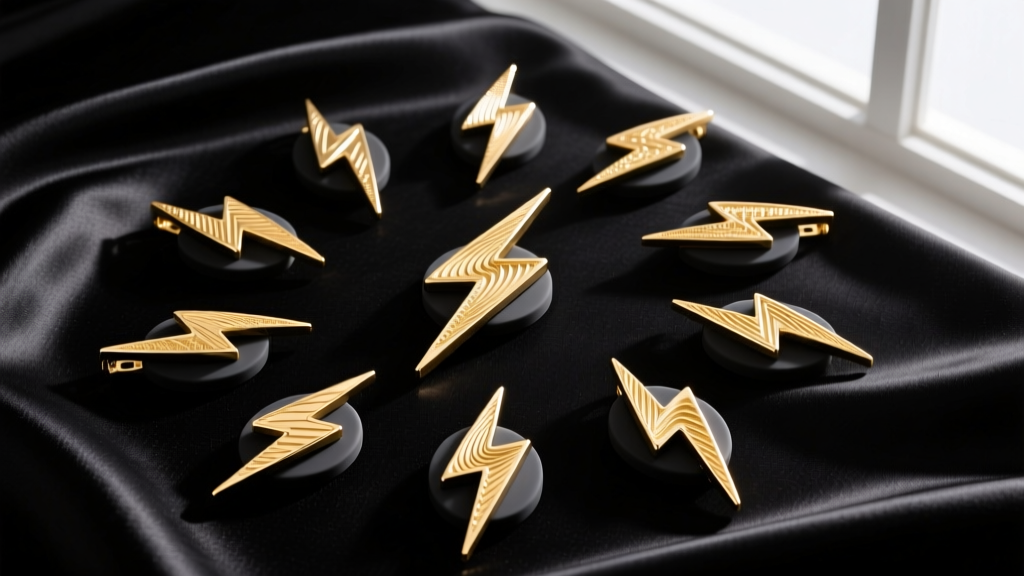 Overhead view of 14kt gold lightning bolt drops, showing intricate casting details and secure silicone backings on deep black silk