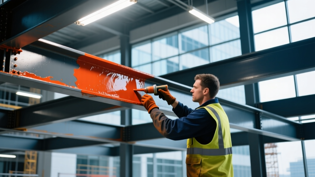 Worker applying intumescent fire retardant coating to steel I-beams in a commercial building frame under bright work lights.