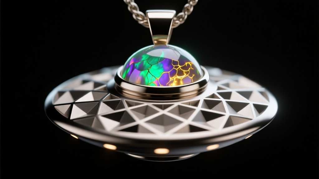Macro shot of a titanium UFO pendant with CNC-milled textures and a bezel-set Ethiopian opal dome under crisp studio lighting.