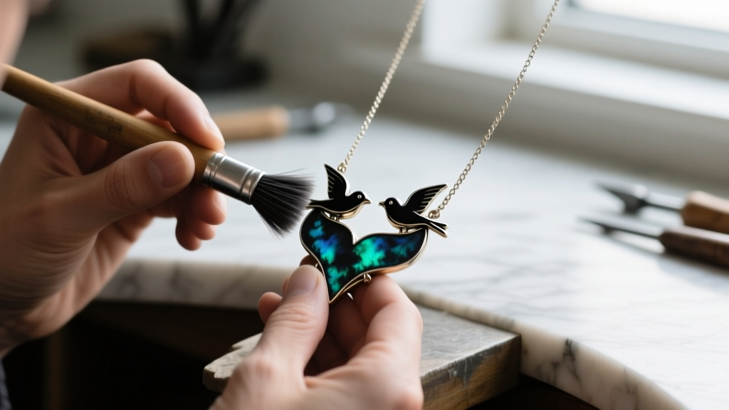 Close-up of a jeweler using a fiberglass brush to polish a three little birds necklace after liver of sulfur oxidation treatment.