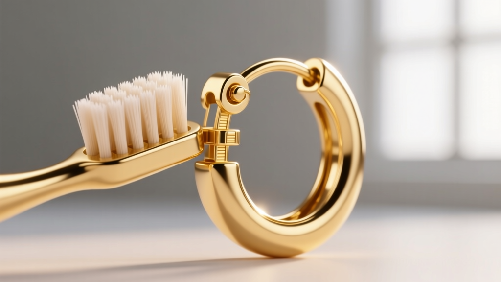 Macro shot of a soft-bristled baby toothbrush gently cleaning the hinge mechanism of an 18-gauge gold vermeil huggie earring.