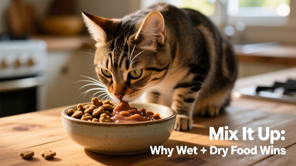 A close-up of a cat sniffing a bowl containing both kibble and wet food