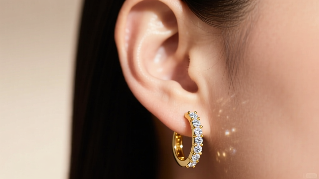 Close-up of an ear wearing 14k gold stone hoop earrings with channel-set white sapphires, lit by soft, warm studio lighting.