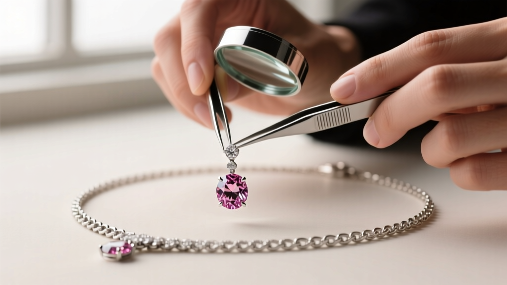 Jeweler hands using tweezers to attach a delicate rose-cut diamond tassel drop to an 18-inch platinum festoon necklace chain