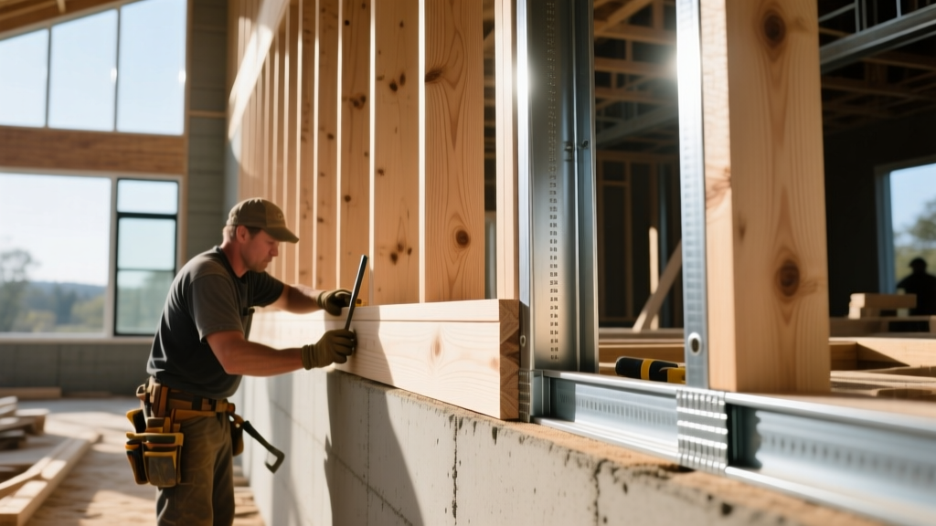 Carpenters installing Douglas Fir wood wall studs next to cold-formed steel framing tracks on a residential concrete slab foundation
