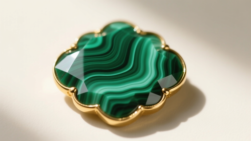 Macro shot of a vintage malachite Alhambra motif showing natural green banding and precise gold bezel edges