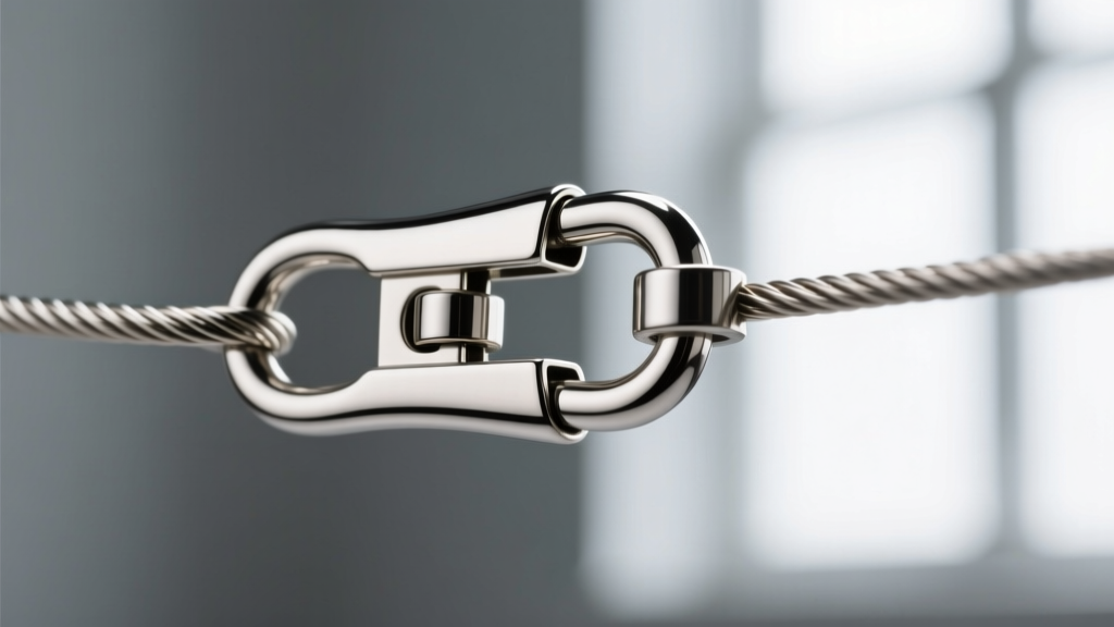 Extreme close-up of a surgical steel lobster clasp attaching to a 1.5mm cable chain, highlighting the secure locking mechanism