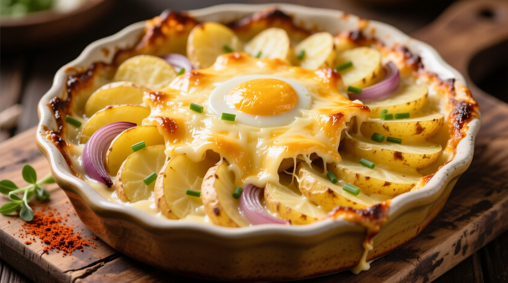 Golden egg potato casserole with melted cheese topping
