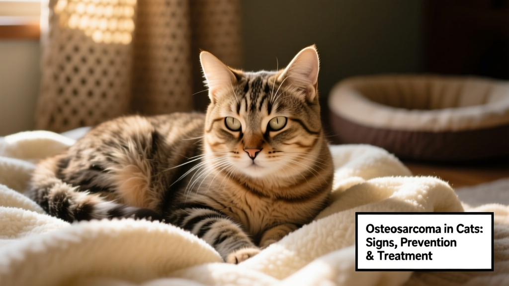 Close-up of a senior cat resting comfortably on a soft blanket, showing calm demeanor despite underlying health concern