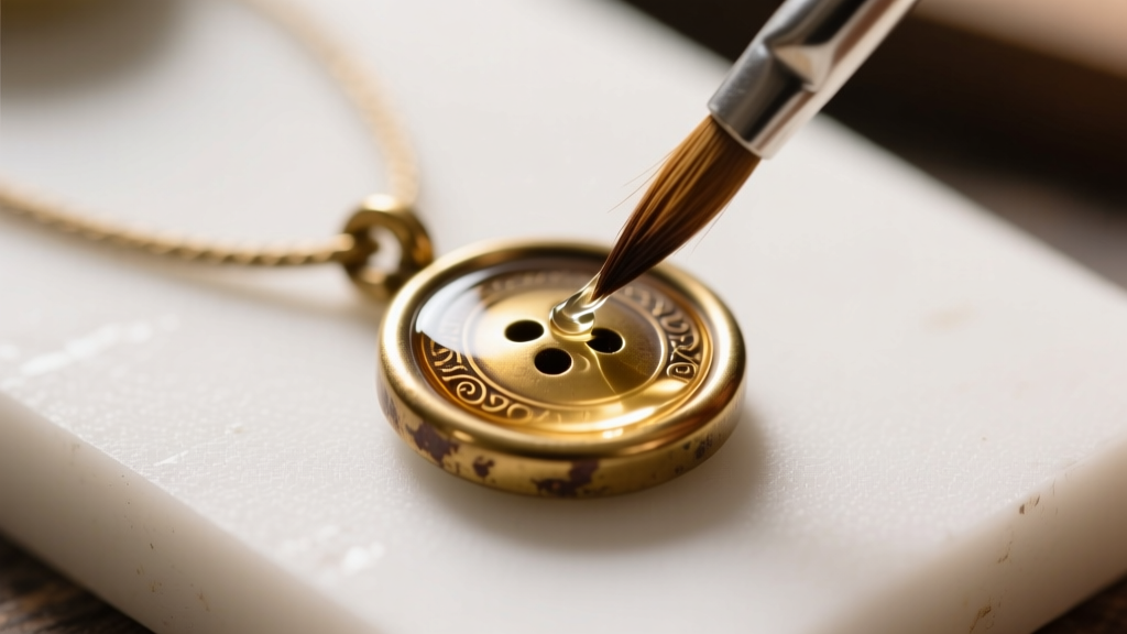 A vintage brass button pendant being coated with clear protective sealant using a fine brush under bright studio lighting on a workbench.