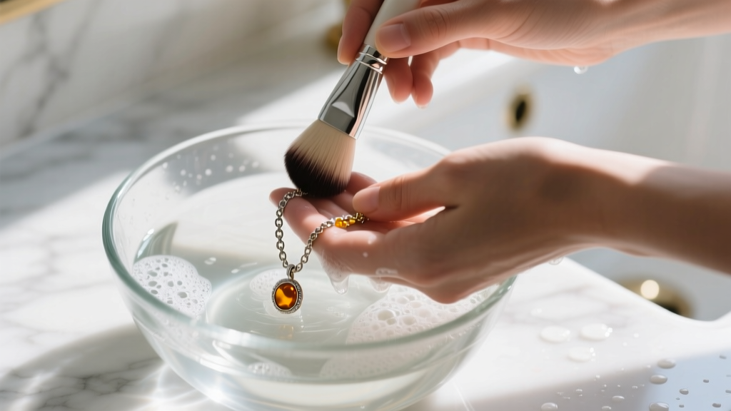 Hands gently washing a delicate charm necklace in a glass bowl of lukewarm soapy water using a soft-bristled makeup brush.