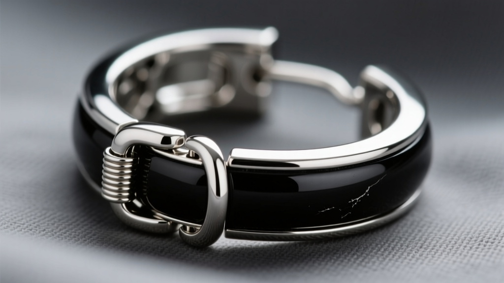 Extreme close-up of a hinged saddleback clasp on a thick black rhodium sterling silver hoop, showing the secure locking mechanism.