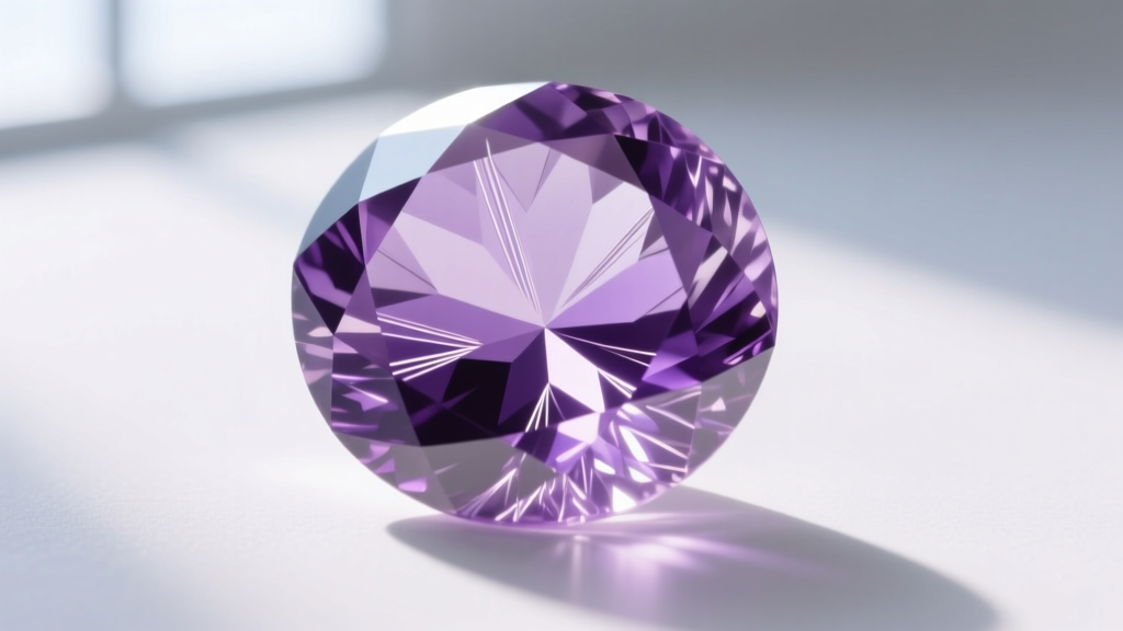 Macro shot of a faceted amethyst gemstone showing natural color zoning and needle inclusions against a bright white background