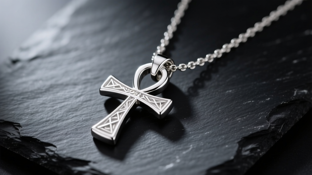 A polished 925 sterling silver ankh necklace resting on dark slate, showcasing the intricate loop and cross details in soft light