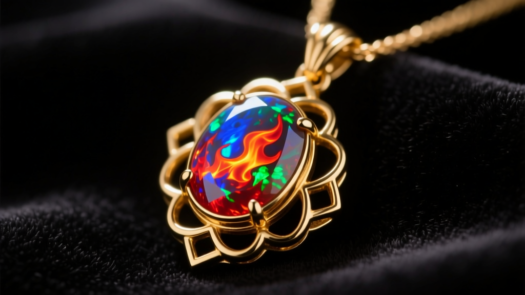Close-up of an Art Deco gold pendant holding a fiery Australian solid opal, resting on dark velvet under warm studio lighting.