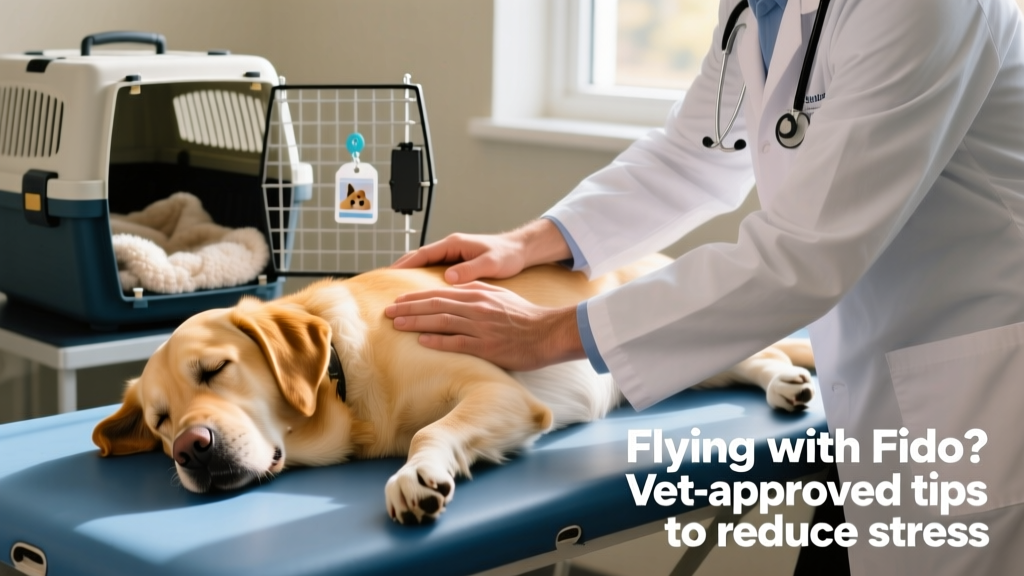A veterinarian gently examining a relaxed dog during a pre-travel wellness check, with a travel carrier visible in the background