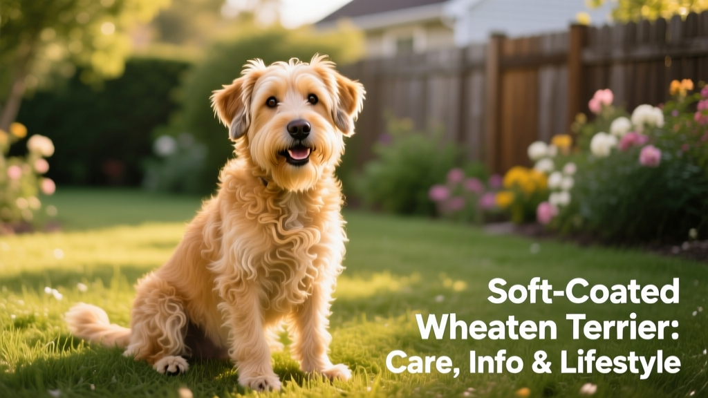 A smiling Soft-Coated Golden sitting outdoors on grass, showing its soft, wavy golden-beige coat and expressive eyes