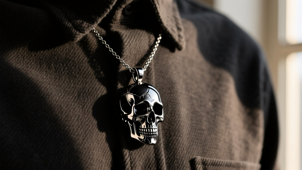 Close-up of a black PVD-coated stainless steel pendant necklace with a distressed skull motif on a dark flannel shirt.