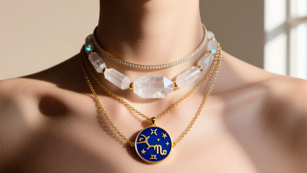 Close-up of collarbone showcasing a layered magical necklace stack with a 16-inch zodiac pendant and a 20-inch raw quartz talisman