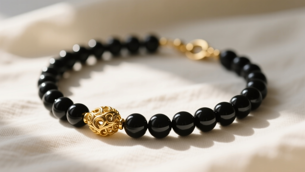Close-up of a 14k gold filled beaded necklace with matte onyx beads and a textured gold clasp resting on a cream linen cloth