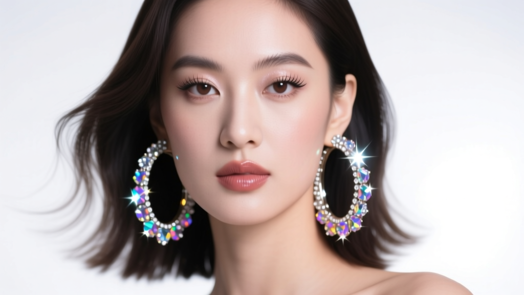 Glamorous woman wearing large Y2K-inspired crystal-encrusted hoop earrings, soft studio lighting, 2026 fashion editorial style.