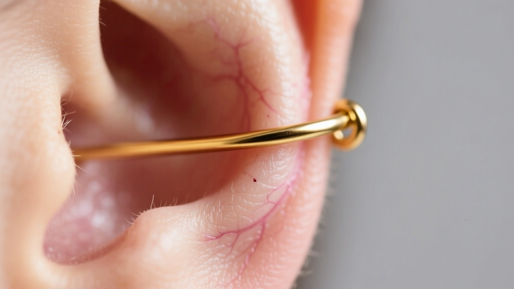 Macro close-up of an 18-gauge gold dangle earring wire in a healed earlobe piercing, showing the precise thickness of the metal.