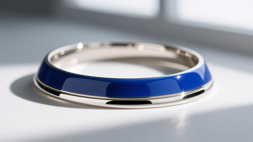 Close-up of a cobalt blue enamel choker necklace on a silver base, highlighting the glossy finish and smooth metal texture.