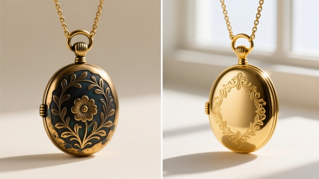 Split view of a vintage gold locket necklace before and after cleaning, preserving the dark patina inside deep floral engravings.