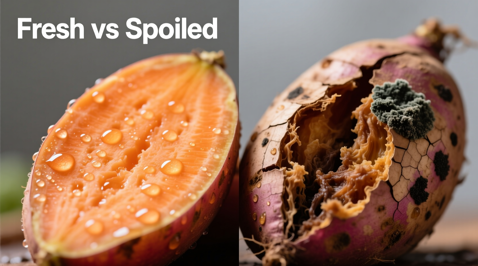 Close-up of fresh versus spoiled sweet potatoes