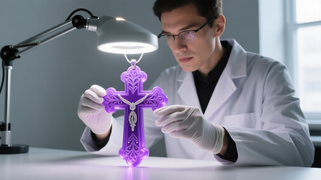 Jeweler inspecting a high-resolution purple resin 3D printed wax model of a cross pendant under a bright LED magnifying lamp.