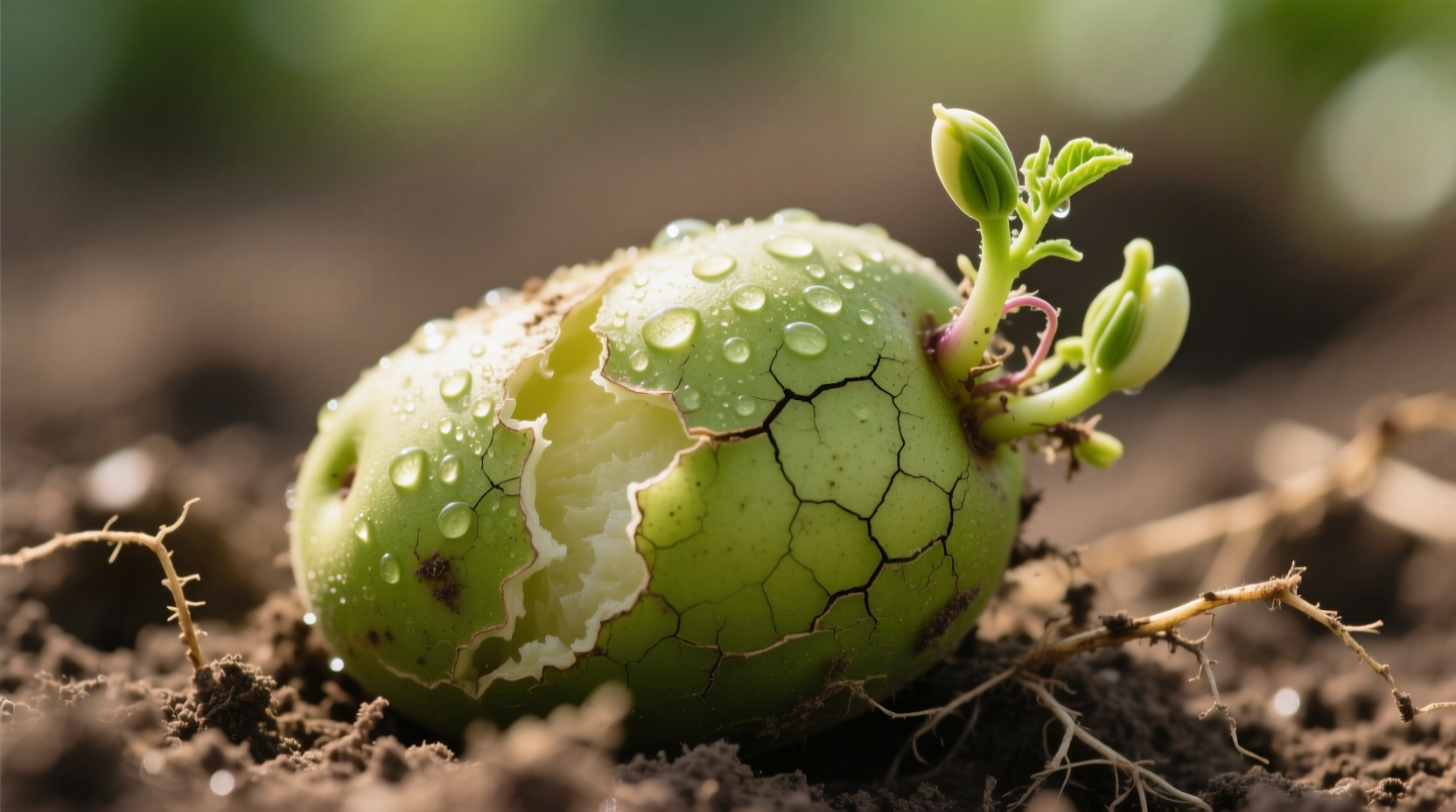 Green potato with visible sprouts and peeling