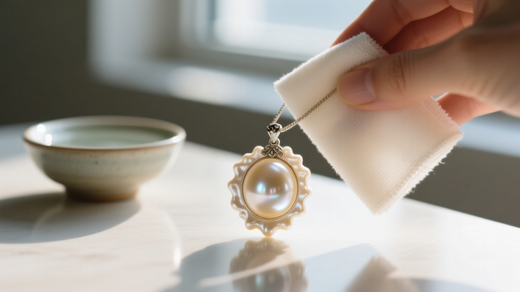 Soft microfiber cloth gently wiping a cream-colored baroque pearl pendant, small bowl of distilled water in blurred background.