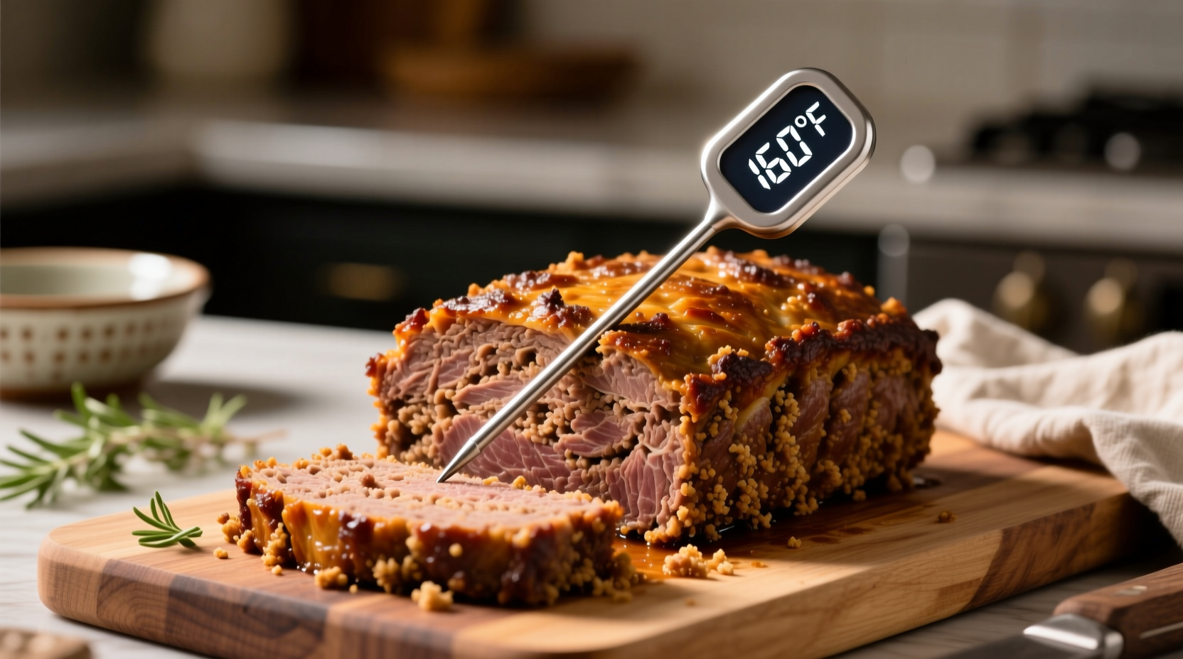 Meatloaf with thermometer showing 160 degrees