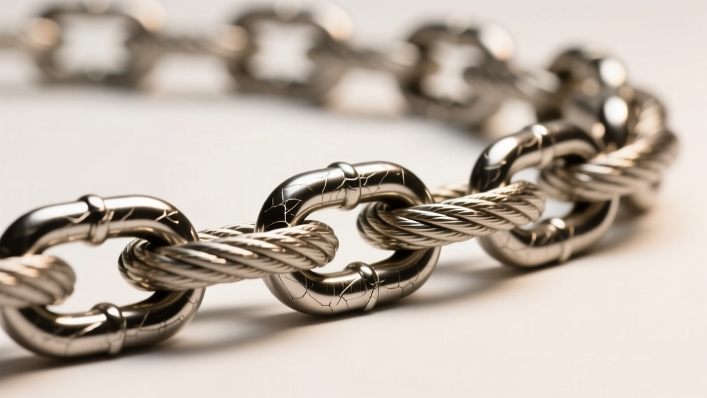 Macro shot of a 24-inch steel rope chain showing minor surface scratches on links, lit by soft warm directional studio lighting.