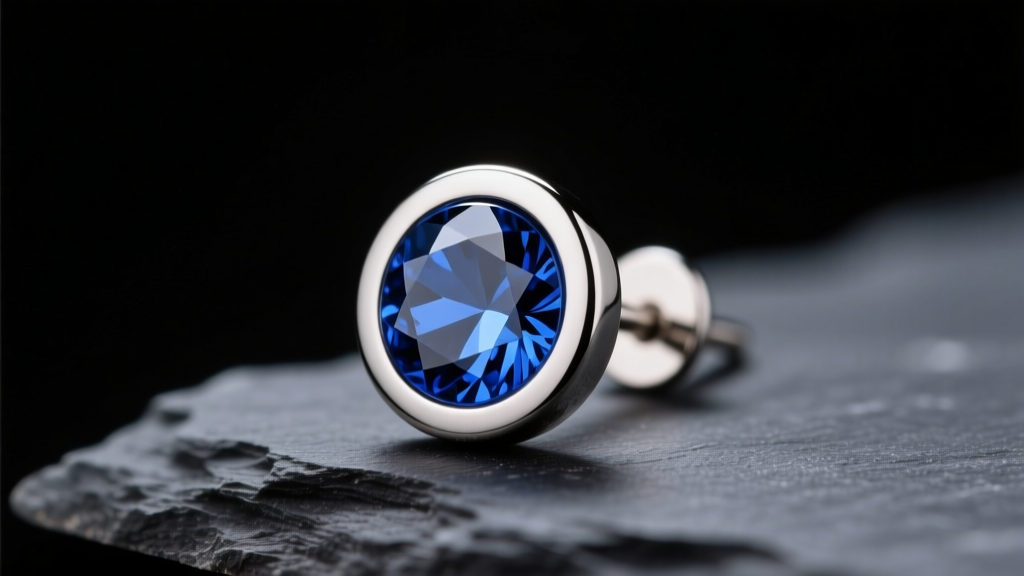 Macro shot of a titanium flat back stud earring with a 3mm bezel-set sapphire resting on dark slate under soft studio lighting.