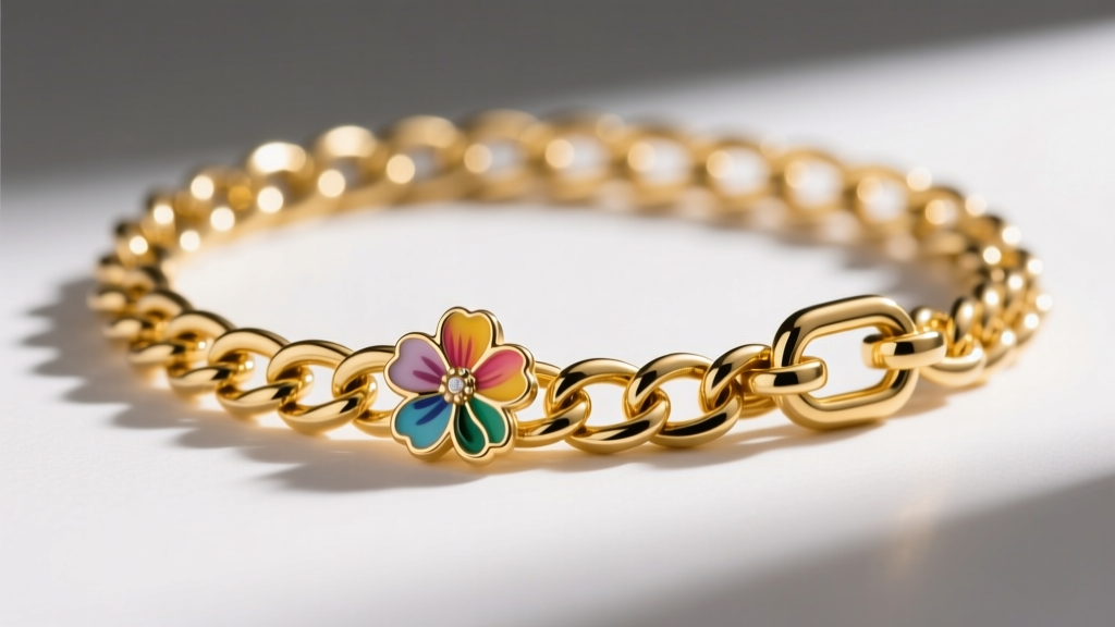 Macro shot of a 14k yellow gold rolo chain link holding a 5mm enamel birth flower charm, showing a secure lobster clasp.