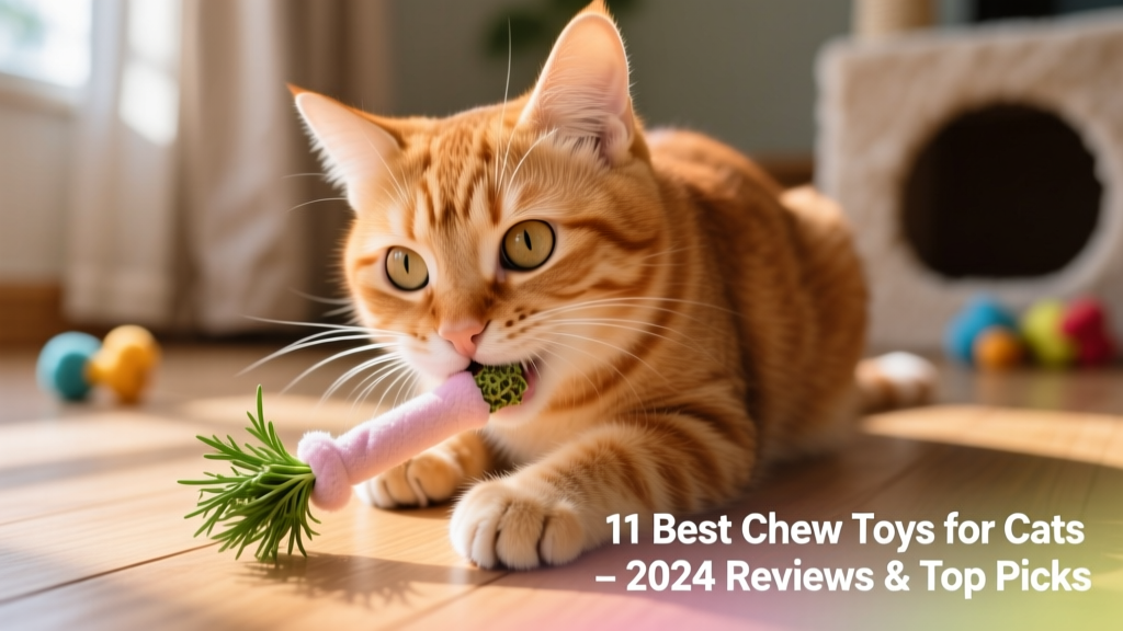 A close-up of a curious cat gently biting a soft pastel-colored catnip stick toy