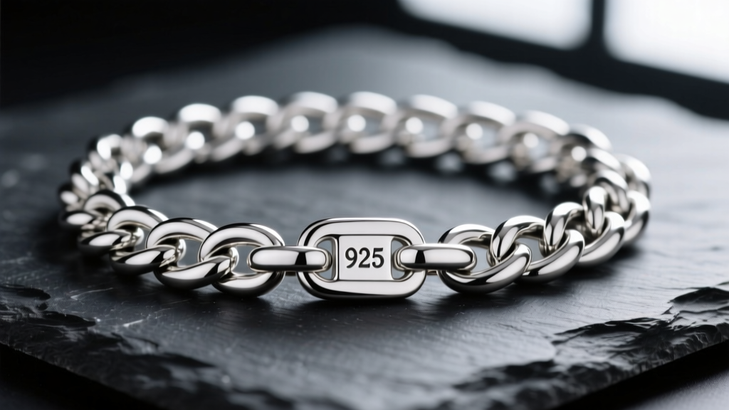 Macro shot of a 925 sterling silver Cuban link chain on dark slate, showing interlocking links and a crisp 925 hallmark stamp.