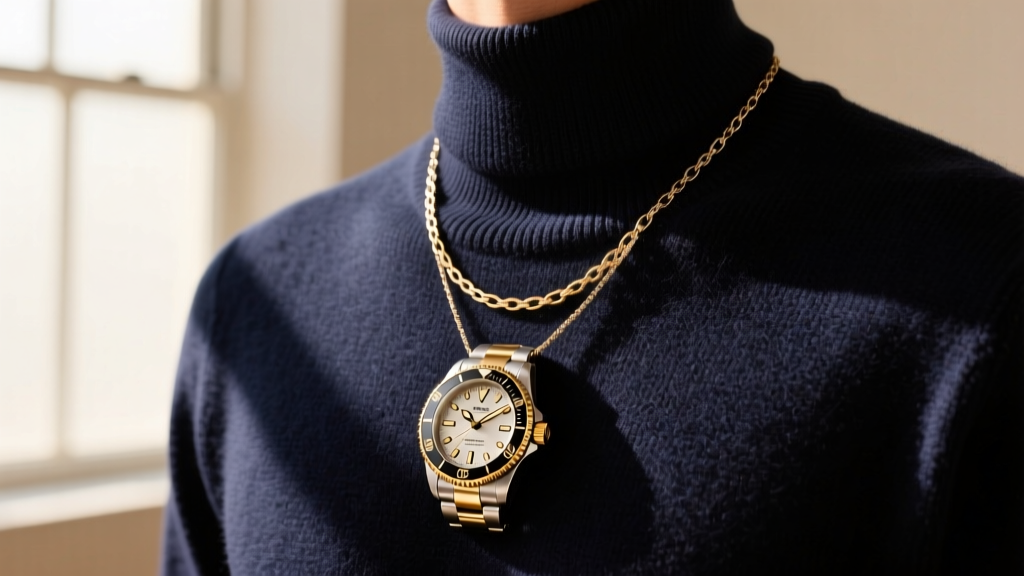 A 42mm steel dive watch and a 4mm steel figaro necklace worn over a dark navy crewneck sweater, photographed in natural sunlight.
