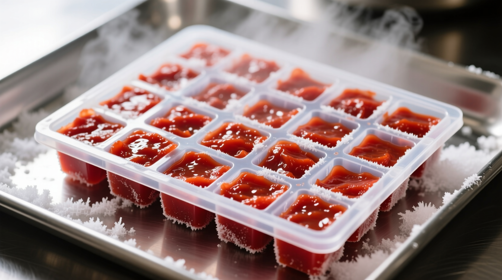 Tomato paste portioned in ice cube tray for freezing