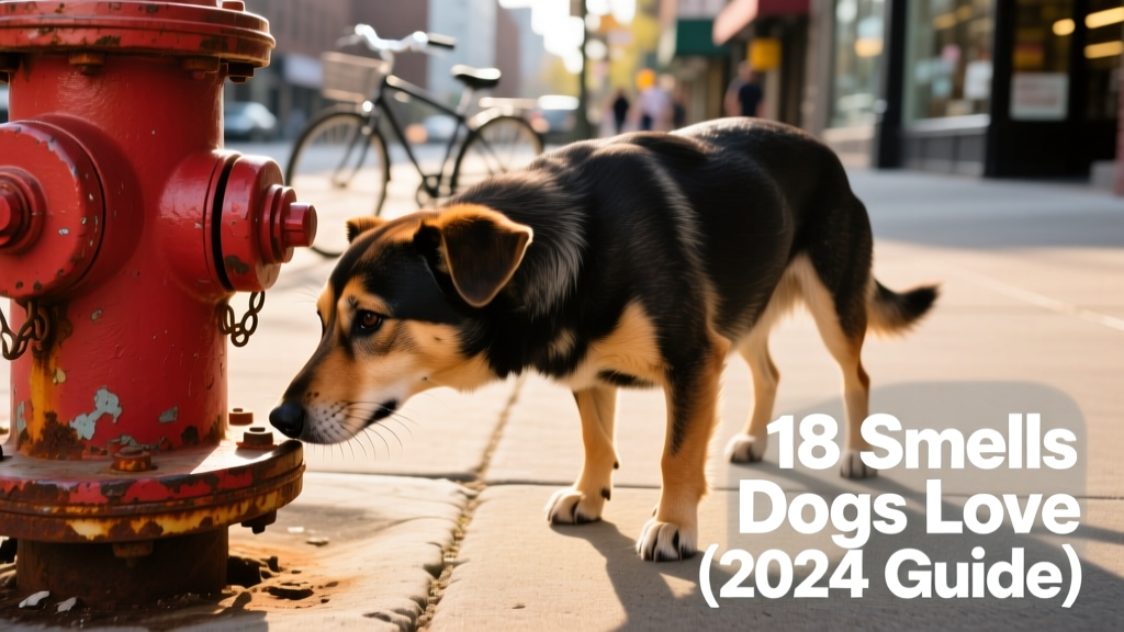 A dog sniffing intently at a fire hydrant on a city sidewalk