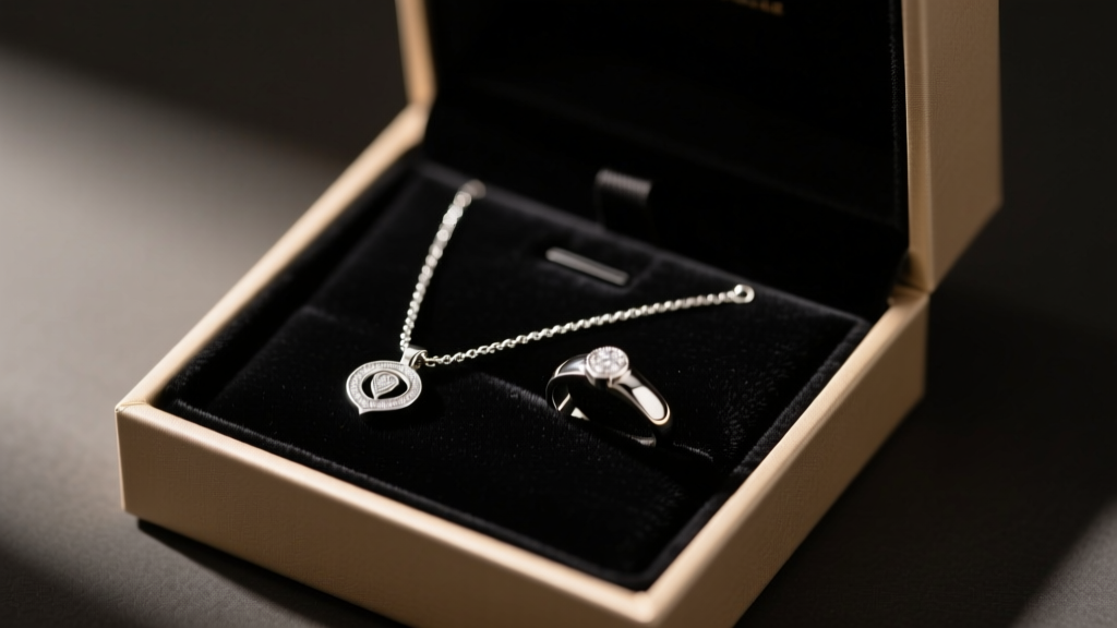 Open gift box revealing a silver-plated necklace and sterling silver ring on dark velvet under soft, warm directional lighting