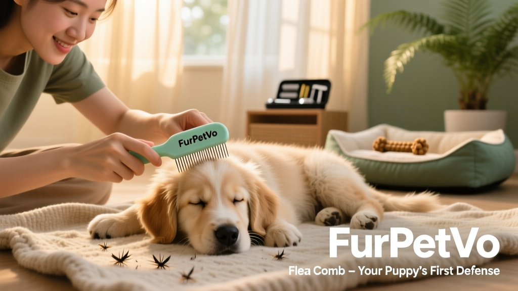 Puppy owner using a FurPetVo flea comb on a relaxed puppy during grooming session