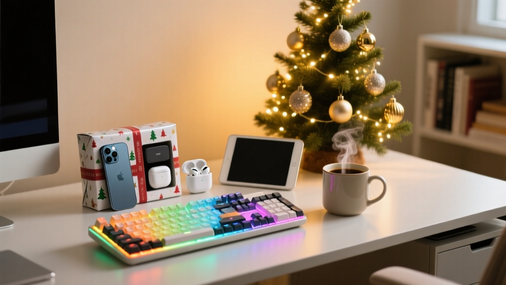 Festive desk setup featuring wrapped tech gadgets, a glowing mechanical keyboard, and coffee beside a lit Christmas tree