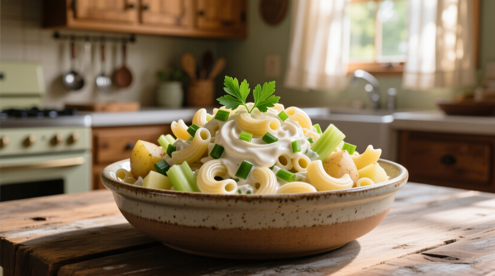 Creamy macaroni potato salad in serving bowl